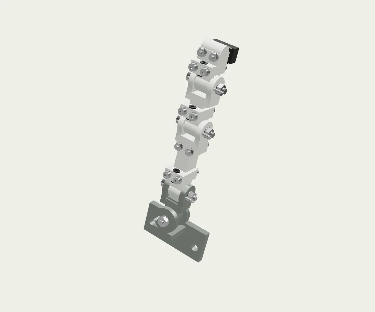 The current passive index-finger CAD specimen, with its retained pivots, joint stops, separate contact pad and guide components. The browser model follows the frozen engineering assembly.